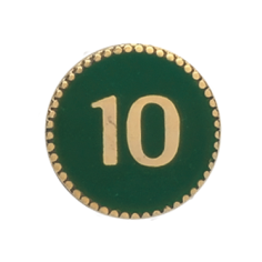 Auflage Zahl 10 vergoldet, rund mit grüner Fläche Runde vergoldete Auflage Zahl 10 mit goldener Zahl auf grüner Fläche und dekorativem Rand aus kleinen Goldpunkten