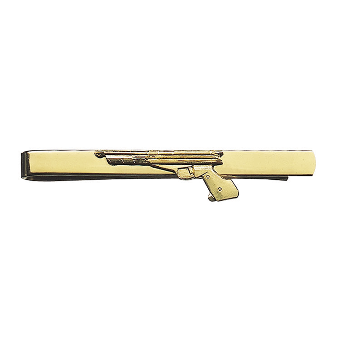 Krawattenschieber versilbert mit Waffe Krawattenschieber versilbert in schmaler, länglicher Form mit aufgesetztem Waffenmotiv auf der Vorderseite