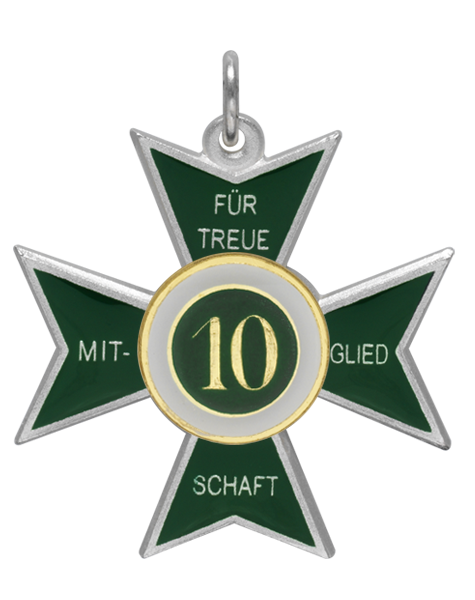 Jubiläumsorden mit Zahl 10, grün emailliertes Kreuz für treue Mitgliedschaft Jubiläumsorden mit Zahl 10 in Form eines grün emaillierten Kreuzes mit versilbertem Rand, goldfarbenem Mittelkreis und den Schriftzügen „Für treue Mitgliedschaft“, oben mit Öse und Ring