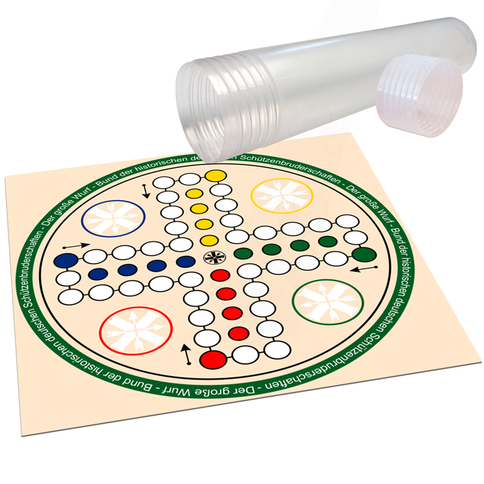Gesellschaftsspiel für Schützen als Spielrolle mit Schützenmotiv Gesellschaftsspiel für Schützen als aufrollbare Spielrolle mit quadratischer Spielfläche im Schützendesign, Rundkurs mit farbigen Feldern für vier Spieler und transparenter PVC-Rolle