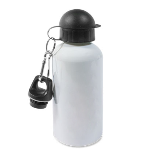 Trinkflasche Endlich Schulkind aus Aluminium mit Schraubverschluss und Karabiner Weiße Aluminium-Trinkflasche Endlich Schulkind mit schwarzem Mundstückdeckel, Schraubverschluss und Karabiner, zylindrische Form, 400 ml