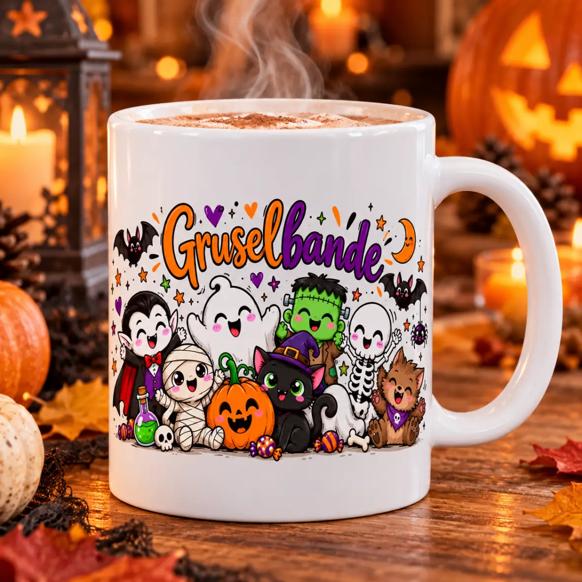 Weiße Tasse „Gruselbande“ mit orange-violettem Schriftzug, niedlichen Monstern, Kürbis und schwarzer Katze. Der Henkel zeigt nach rechts. Mit dampfendem Getränk auf einem Tisch, umgeben von Kürbissen, Herbstblättern und Kerzen., Gruselband, Kaffeetasse, H