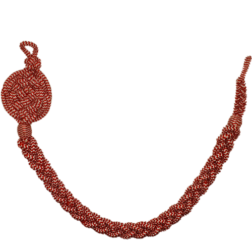 Schützenschnur silber-rot mit Rosette und Zopfgeflecht Silber-rote, gestreifte Schützenschnur als Rundschnur mit Zopfgeflecht, Rosette, zwei Schiebern und einem Knoten