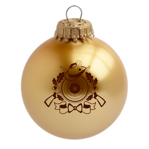 Schützenlogo Weihnachtskugel mit Schützensymbol auf goldener Glaskugel Goldene Weihnachtskugel aus Glas mit aufgedrucktem Schützenlogo aus Zielscheibe, gekreuzten Gewehren, Hut, Eichenlaub und Schleife.