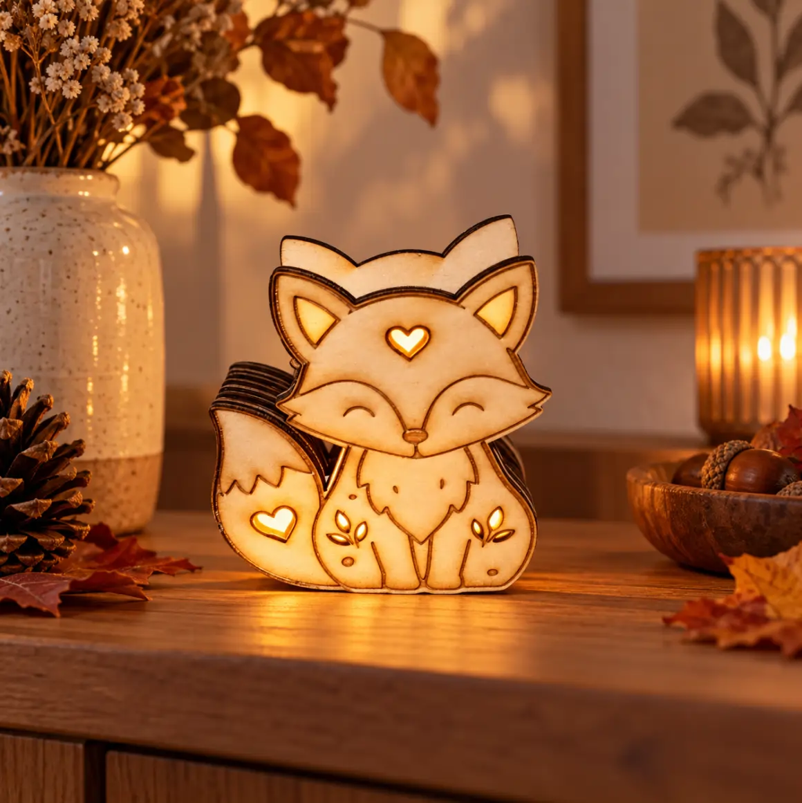 holzlampe, tierfigur, fuchs, herz, laterne