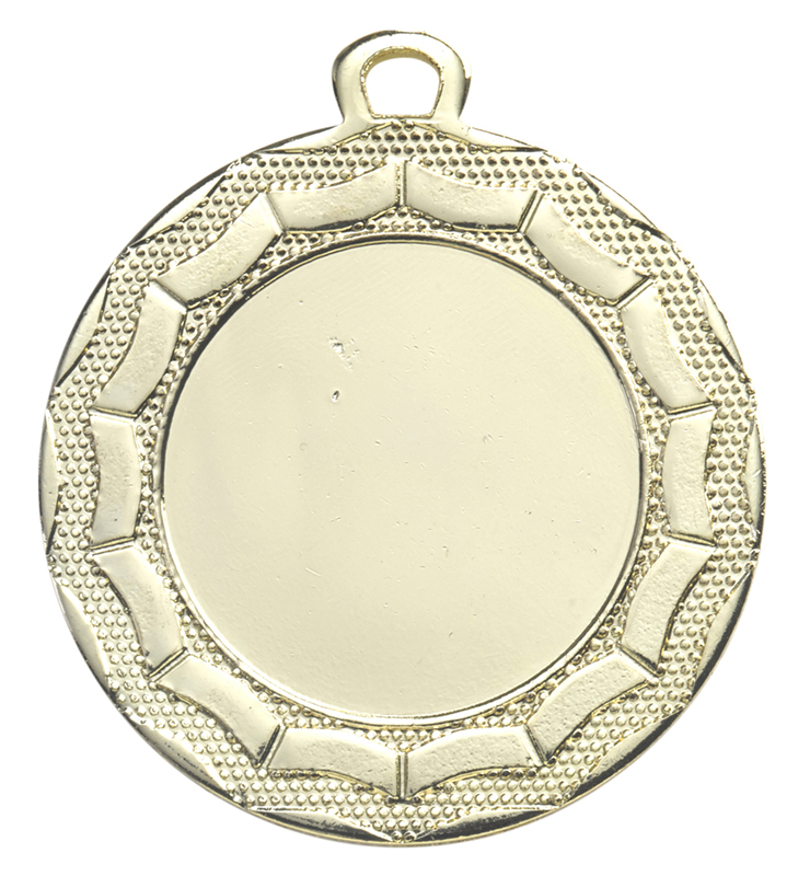 Medaille mit Randverzierung Gold, rund mit Öse Runde goldfarbene Medaille mit Randverzierung, strukturierter Außenkante, glatter Mittelfläche und Öse zum Befestigen eines Bandes