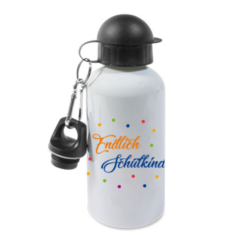 Trinkflasche Endlich Schulkind mit buntem Schriftzug und Karabiner Weiße Aluminium-Trinkflasche Endlich Schulkind mit orange-blauem Schriftzug, bunten Punkten, schwarzem Schraubverschluss mit Mundstück und Deckel sowie Karabiner, 400 ml.