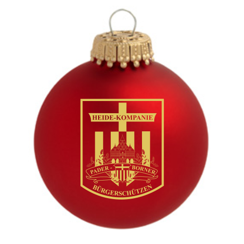 Heide-Kompanie Paderborn Weihnachtskugel in Rot mit Wappenmotiv Rote Weihnachtskugel aus Glas mit goldfarbenem Aufhänger und aufgedrucktem Heide-Kompanie-Paderborn-Wappen in Gelb auf der Vorderseite.