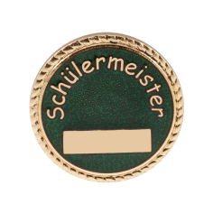 Abzeichen bronze mit langer Nadel, rundes Vereinsabzeichen Schülermeister Rundes Vereinsabzeichen Schülermeister in Bronzeoptik mit grünem Hintergrund, Schriftzug „Schülermeister“ und rechteckigem Gravurfeld.