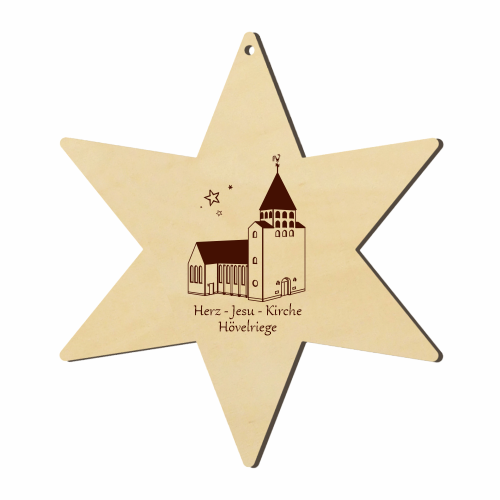 Hövelriege Herz-Jesu-Kirche Holzstern mit Kirchenmotiv Sechszackiger Holzstern mit Aufhängeloch und Lasergravur der Herz-Jesu-Kirche Hövelriege, darunter der Schriftzug „Herz-Jesu-Kirche Hövelriege“.