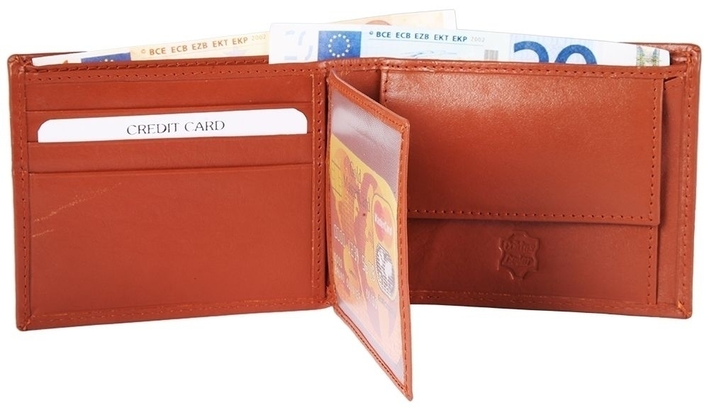 Herren Geldbörse aus Echtleder in Cognac, geöffnet Geöffnete Herren Geldbörse aus Echtleder in Cognac mit Kartenfächern, Ausweisfach, Münzfach und eingesteckten Euro-Scheinen