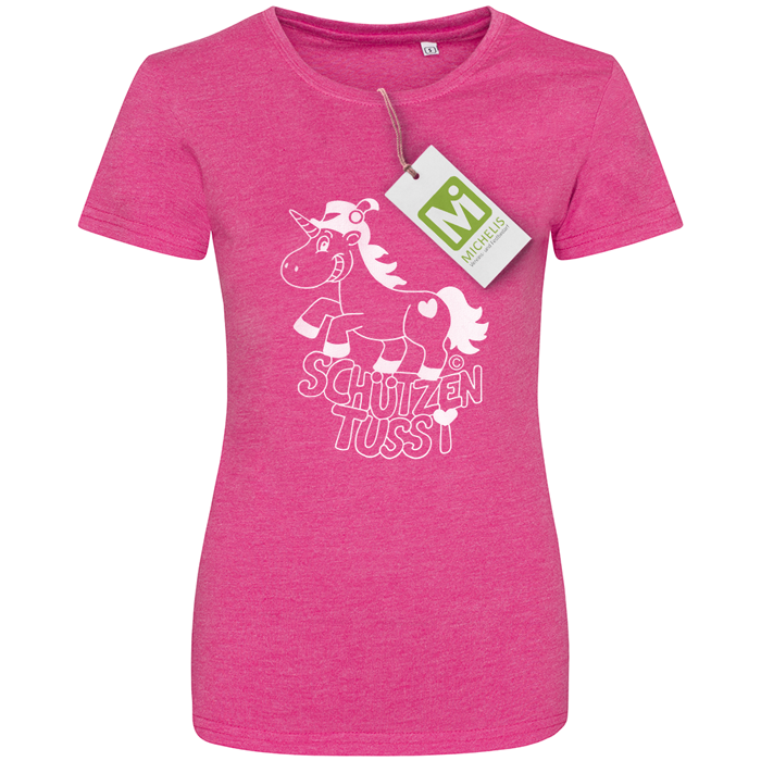 T-Shirt pink Schützentussi mit Einhorn-Aufdruck Pinkes T-Shirt mit weißem Aufdruck eines Einhorns und dem Schriftzug „Schützen Tussi“ auf der Vorderseite.