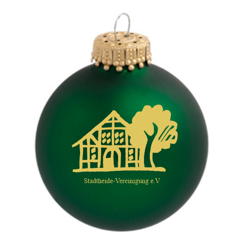 Stadtheide Vereinigung Paderborn Weihnachtskugel mit gelbem Vereinsmotiv Dunkelgrüne Weihnachtskugel aus Glas mit goldfarbener Aufhängung und gelbem Motiv der Stadtheide-Vereinigung e. V. mit Haus, Baum und Schriftzug