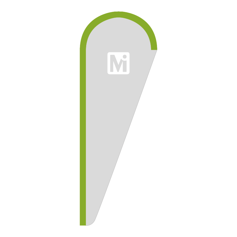 Strandfahne Modell D in tropischer Form mit schrägem Abschluss Strandfahne Modell D als Beachflag in tropischer Form mit abgerundetem oberen Bogen und schräg zulaufendem Abschluss, dargestellt als graue Fahnenfläche mit grünem Rand