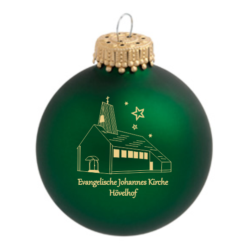 Hövelhof Evangelische Kirche Weihnachtskugel mit Kirchenmotiv Grüne Weihnachtskugel aus Glas mit goldfarbenem Motiv der Evangelischen Johannes Kirche Hövelhof und Sternen sowie goldfarbener Aufhängung