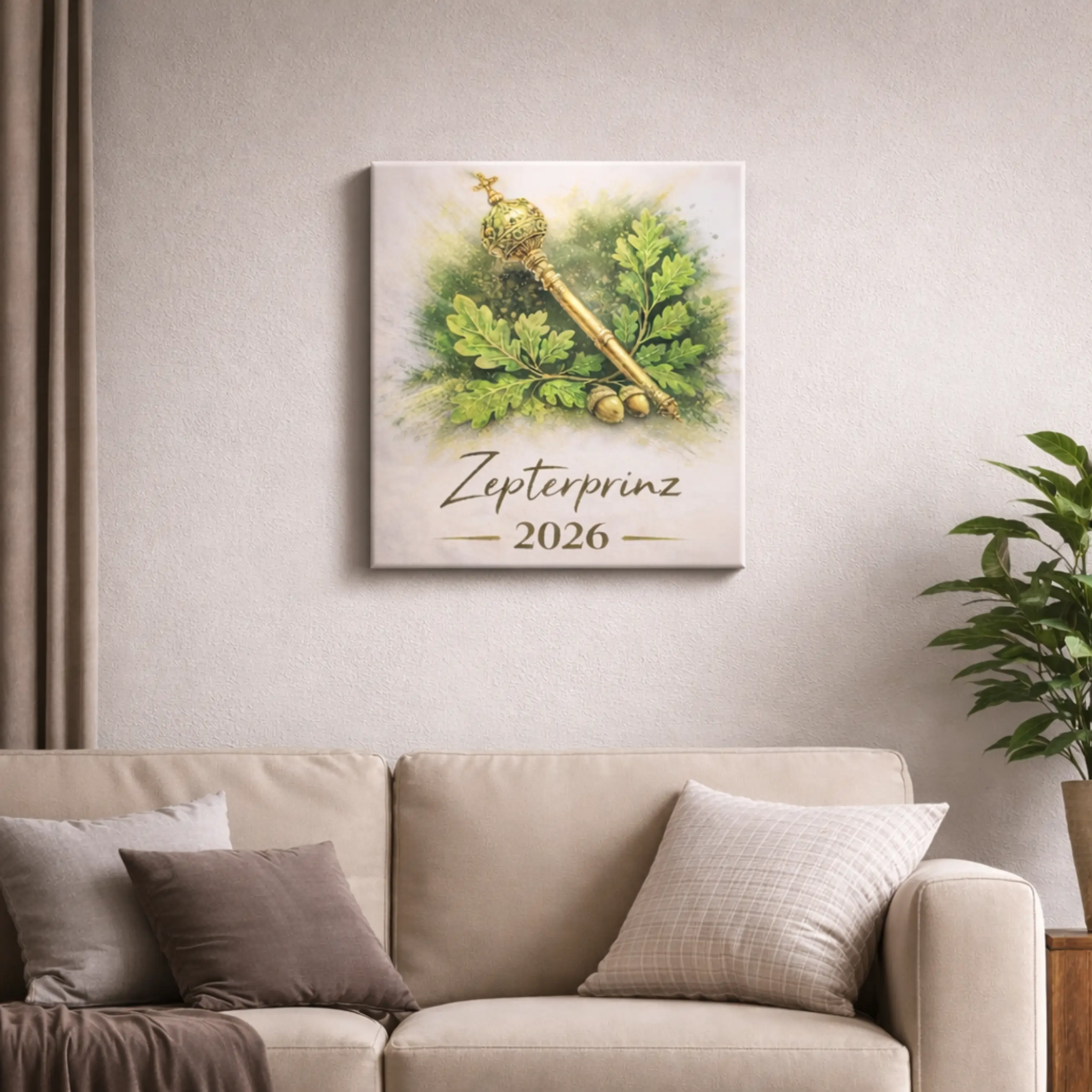 Leinwand Zepterprinz personalisierbar mit Jahreszahl und Zeptermotiv Personalisierbare Leinwand mit goldfarbenem Zepter, grünen Eichenblättern und dem Schriftzug „Zepterprinz 2026“ als Motiv für ein Schützenfest-Erinnerungsstück.