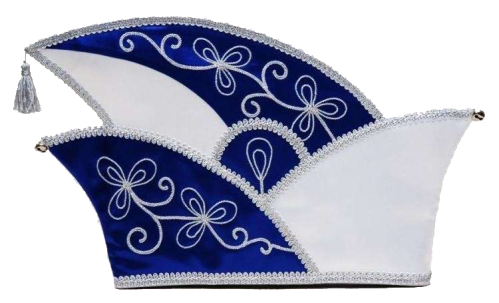 Prinzenmütze mit Glöckchen in Blau-Weiß mit silberfarbener Stickerei Prinzenmütze mit Glöckchen in Blau-Weiß, mehrteilig geschwungene Form mit silberfarbener Zierborte, floraler Stickerei und Quaste an der Spitze