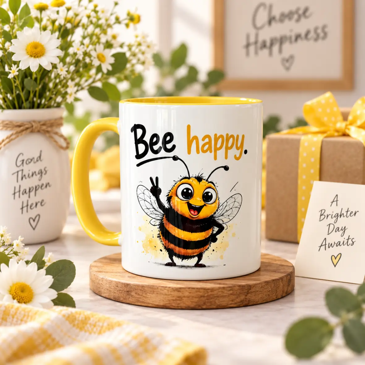 Becher, Biene, Cartoon, Gelb, Keramik