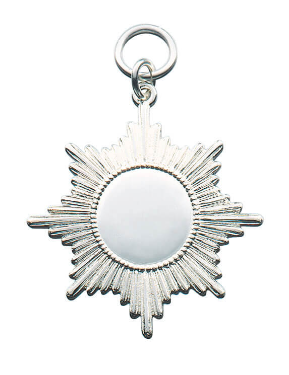 Orden Sternform mit runder Gravurfläche, versilbert Schützenorden in Sternform mit strahlenförmigem Rand, runder Gravurfläche in der Mitte und Öse mit Ring, in versilberter Optik
