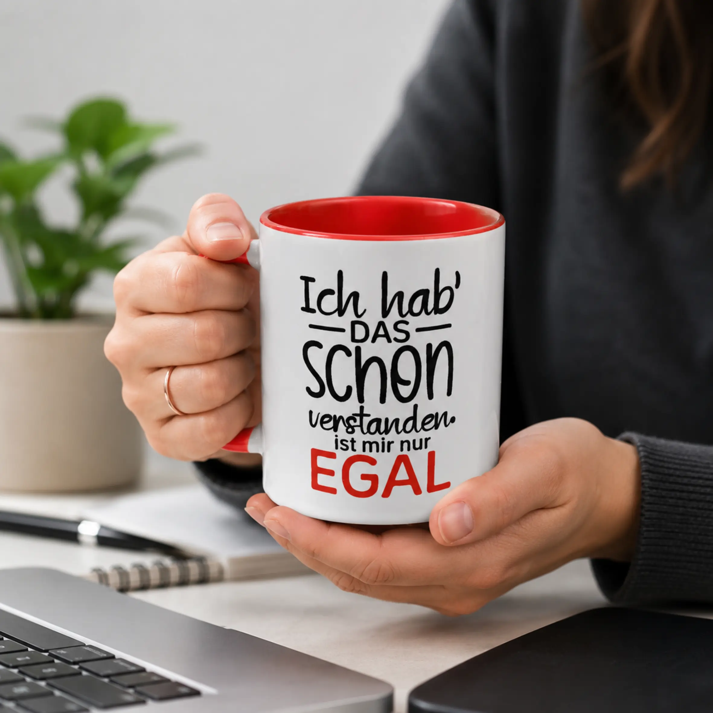 Tasse Hab ich schon verstanden mit rotem Henkel und Spruch Weiße Tasse Hab ich schon verstanden mit rotem Henkel, rotem Innenrand und aufgedrucktem Spruch Ich hab das schon verstanden, ist mir nur egal, in den Händen gehalten