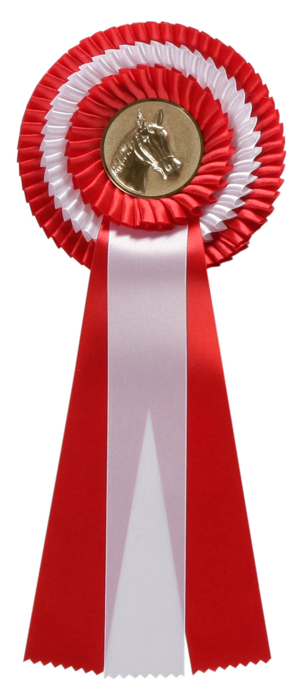 Dreifache Rosette in Rot-Weiß mit Pferdekopf-Emblem Dreifache zweifarbige Rosette in Rot und Weiß mit drei langen Schleifenbändern und rundem Metallemblem mit Pferdekopf im Zentrum.