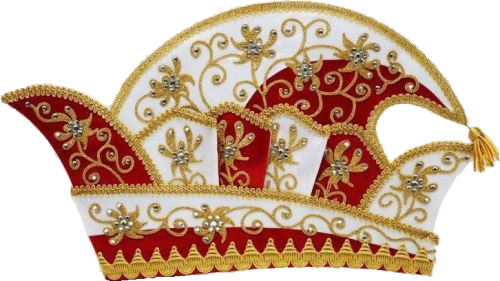 Prinzenmütze Blume mit Strasssteinen, goldener Stickerei und roten Einsätzen Prinzenmütze Blume mit weißen und roten Atlasseide-Flächen, goldfarbener Kurbelstickerei, floralem Motiv, drei Zacken und Besatz aus zahlreichen Strasssteinen sowie goldener Borte