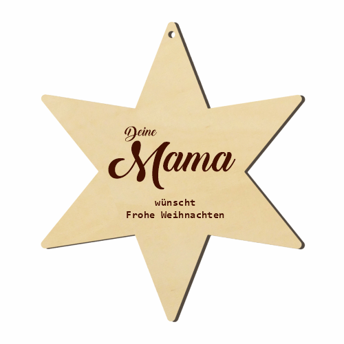 Hövelhof Bahnhof Holzstern mit Gravur Sechszackiger Holzstern mit Aufhängebohrung und Gravur „Deine Mama wünscht Frohe Weihnachten“, personalisierter Weihnachtsanhänger Hövelhof Bahnhof aus Holz