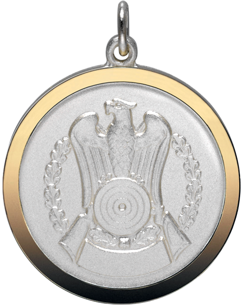 Medaille 40 mm mit Schützenadler und goldfarbig poliertem Rand Runde Medaille 40 mm mit goldfarbig poliertem Rand, silberfarbener Fläche, Schützenadler über Zielscheibe, Eichenlaub, kleinem Gravurfeld sowie Öse und Ring zur Befestigung