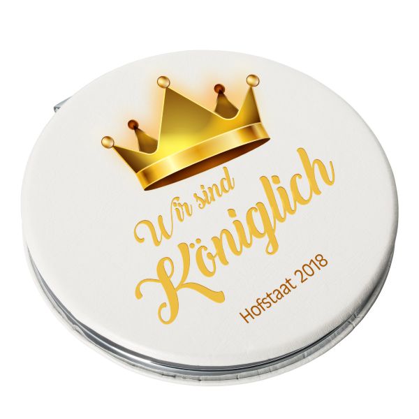 Kosmetikspiegel Hofstaatsbox A mit goldener Krone und Schriftzug Runder Kosmetikspiegel aus der Hofstaatsbox A mit weißer Vorderseite, goldener Krone und dem Aufdruck „Wir sind königlich, Hofstaat 2018“