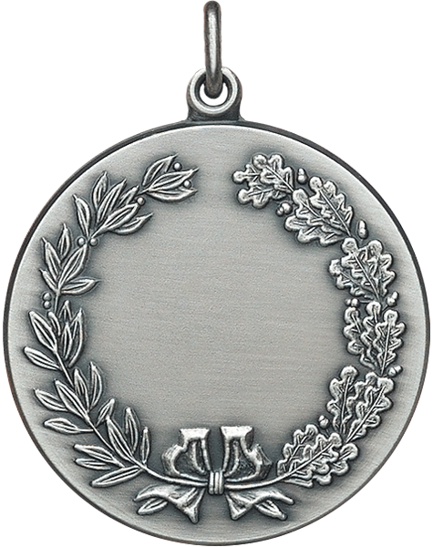 Medaille 40 mm mit Eichenlaubkranz und Öse Runde Medaille 40 mm in silberfarbener Optik mit Eichenlaubkranz am Rand, glatter Gravurfläche in der Mitte sowie Öse und Ring zur Befestigung