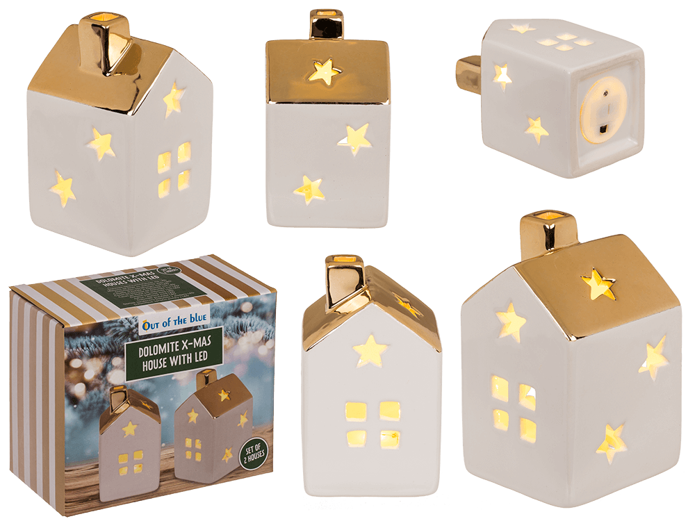 Dolomite Weihnachtshäuser mit LED (2er Set), ca. 10x 6cm