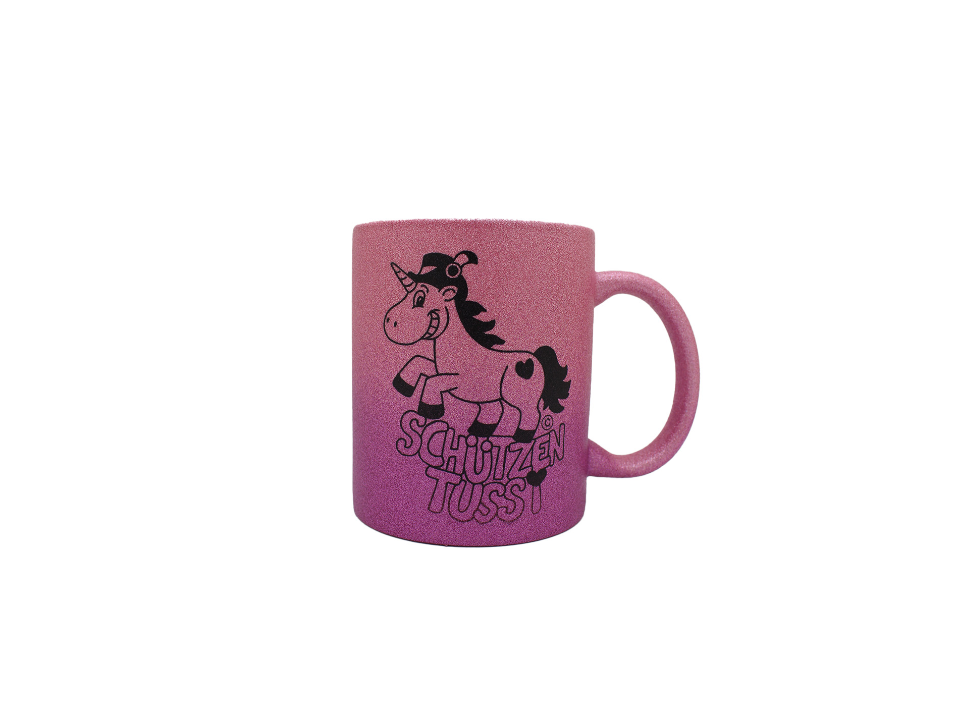 Glitzertasse mit Farbverlauf in Pink/Lila und Wunschmotiv