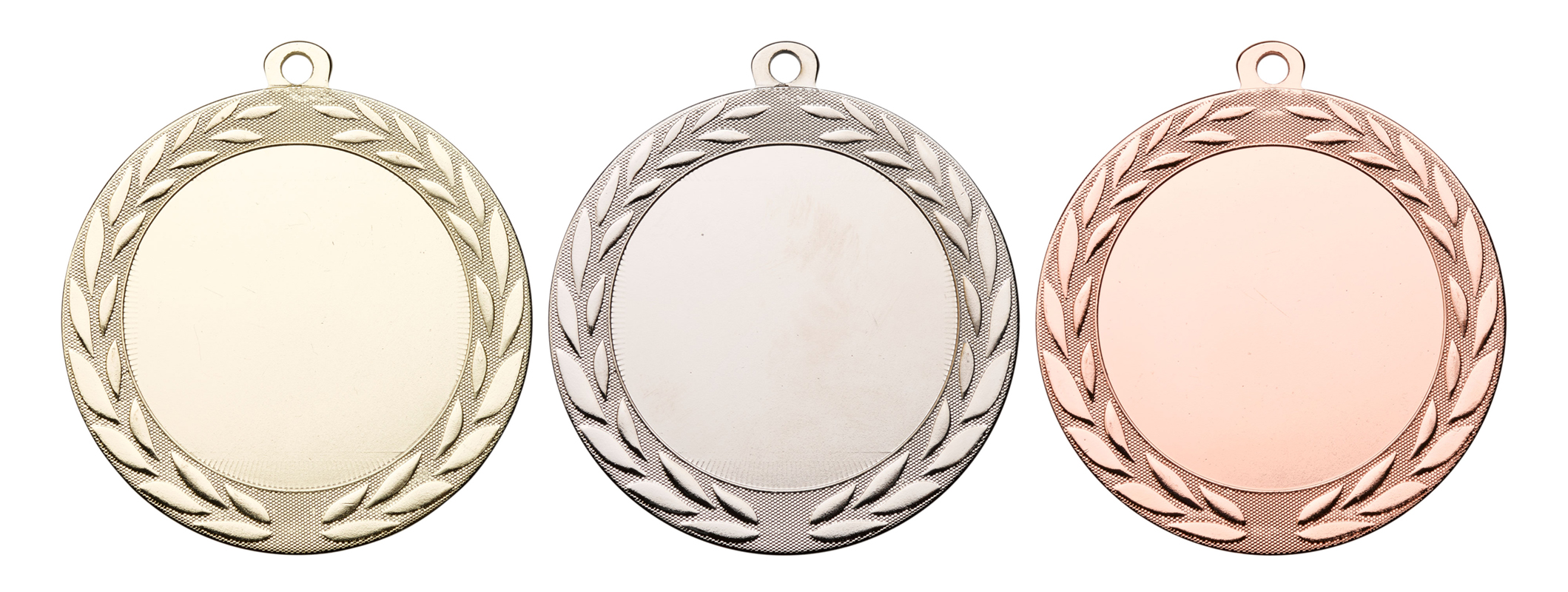 Medaille Ehrenkranz in Gold-, Silber- und Bronzefarbe mit freier Mittelplatte Drei runde Medaillen Ehrenkranz mit Öse, Lorbeerkranz am Rand und glatter Mittelplatte für Gravur, dargestellt in Gold-, Silber- und Bronzefarbe.