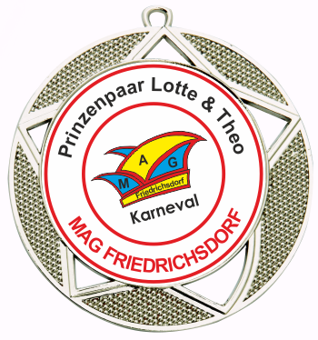 Medaille mit Stern-Verzierung und individuellem Emblem Runde Medaille mit Stern-Verzierung und strukturierter Metalloptik, mit individueller Emblemfläche in der Mitte und Karneval-Emblem MAG Friedrichsdorf
