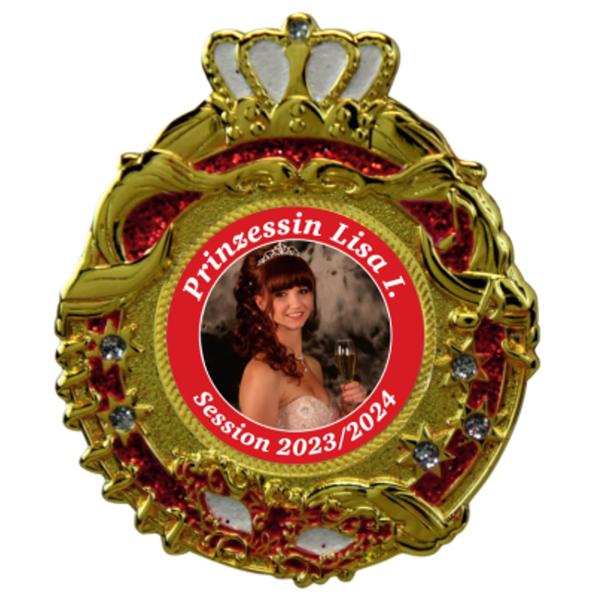 Karnevalsorden, Kronenmotiv, Goldfarben, Rote Verzierungen, Prinzenorden