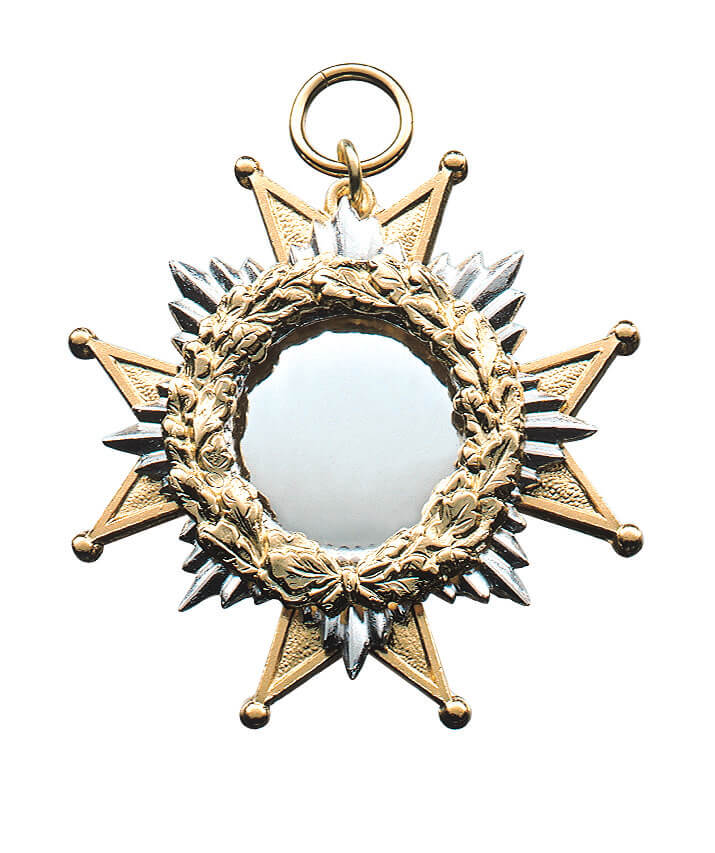 Orden mit Kranz als Anhänger mit Stern, Kreuzform sowie Öse und Ring Orden mit Kranz in Kreuz- und Sternform, mittig mit rundem Feld, umgeben von einem Laubkranz, zweifarbig in silberfarbener und goldfarbener Optik, mit Öse und Ring zum Anhängen