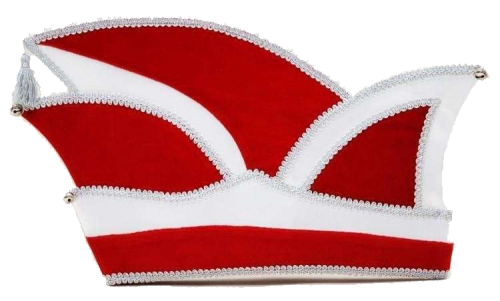Prinzenmütze mit Glöckchen in Rot-Weiß mit silberfarbener Zierborte Prinzenmütze mit Glöckchen in Rot und Weiß, mehrspitzige Form mit silberfarbener Zierborte und kleinen Glöckchen an den Spitzen, individuell gefertigte Karnevalsmütze.