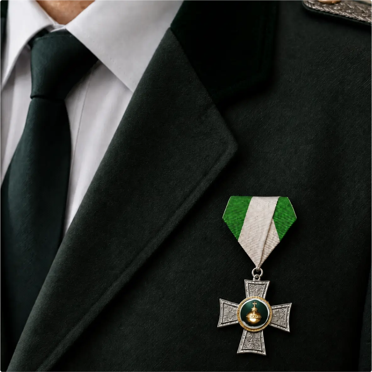 Auflage Apfel ohne Befestigung Militärmedaille, Kreuzanhänger, grün-weißes Band, Silbermedaille, Formeller Anzug