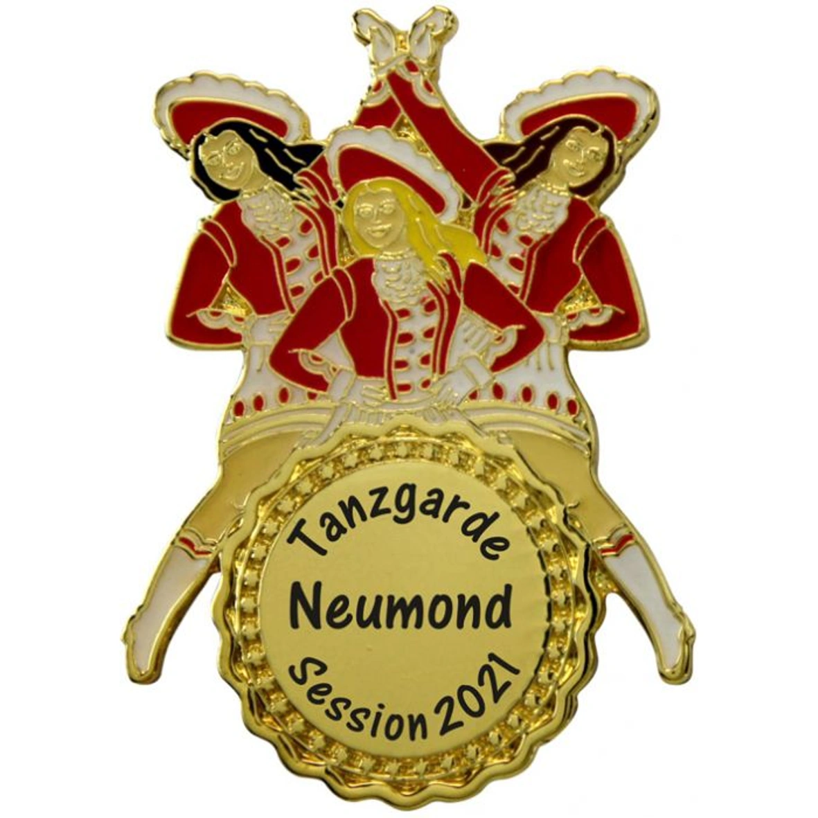 Karnevalspin Zwei Tanzfiguren Rot-Weiß – einfarbig bedruckt Karnevalsorden, Tanzgarde, Emaille-Abzeichen, Rot-gold, Session 2021