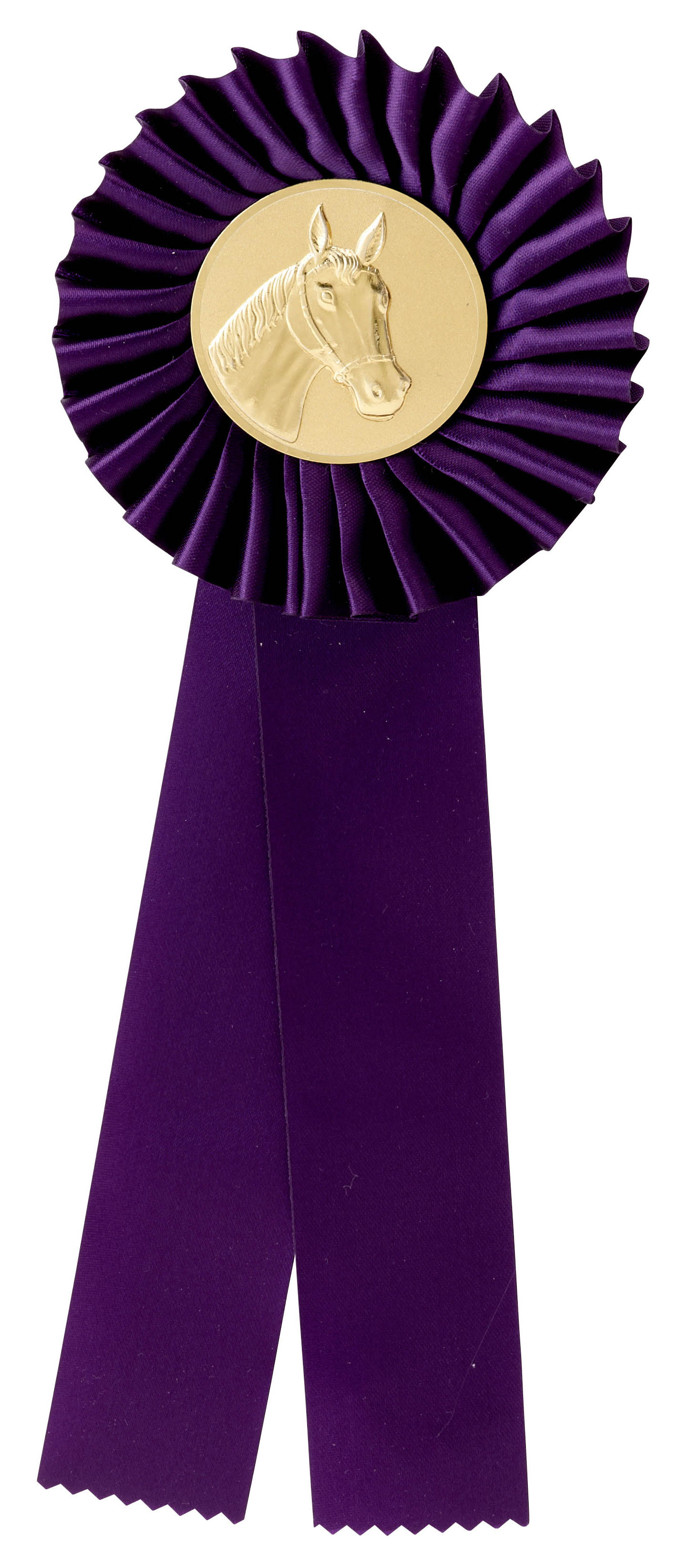 Einfache Rosette in Lila mit goldfarbenem Pferde-Emblem Einfache Rosette in Lila mit gefalteter Rosette, zwei langen Schleifenbändern und rundem, goldfarbenem Metallemblem mit Pferdekopf