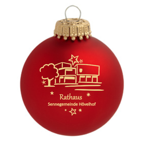 Hövelhof Rathaus Weihnachtskugel mit Rathaus-Motiv Rote Weihnachtskugel aus Glas mit goldfarbenem Druck des Hövelhof Rathaus und der Aufschrift „Rathaus Sennegemeinde Hövelhof“.