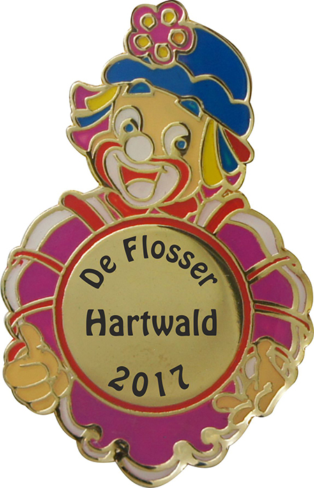Karnevalsabzeichen Gold Clown mit Blume und rundem Druckfeld Karnevalsabzeichen in Goldoptik mit Clownmotiv, blauer Mütze mit Blume und rundem Druckfeld vorne, farbig gestaltet in Pink, Blau, Rot und Gelb