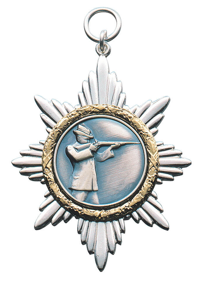 Orden mit Auflage 23305 vergoldet, Sternanhänger mit goldenem Kranz und Schützenmotiv Orden mit Auflage 23305 vergoldet als sternförmiger Anhänger in Silberoptik mit goldenem Kranz und runder Altsilber-Auflage mit Schütze beim Schießen, oben mit Öse und Ring