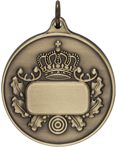 Medaille 40 mm mit Krone, Gravurfeld und Zielscheibe Runde Medaille 40 mm in bronzefarbener Metalloptik mit Öse und Ring, Krone, Eichenlaub, Zielscheibe und rechteckigem Gravurfeld auf der Vorderseite