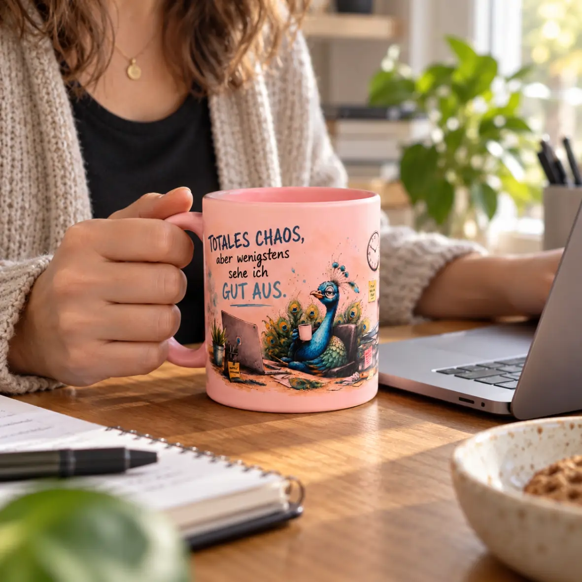 Tasse Totales Chaos aber wenigstens sehe ich gut aus Tasse, Kaffeebecher, rosa, Pfau, Aufschriftmotiv