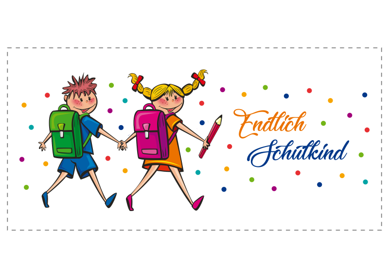 Trinkflasche Endlich Schulkind mit gezeichnetem Schuljungen und Schulmädchen Trinkflasche Endlich Schulkind mit Illustration eines Schuljungen und eines Schulmädchens mit bunten Schulranzen, Bleistift und farbigen Punkten sowie dem Schriftzug Endlich Schulkind