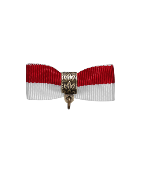 Stoffschleife 40 mm rot-weiß mit Metallschlaufe für Orden Rot-weiße Stoffschleife 40 mm mit verzierter Metallschlaufe und Ring zum Anhängen eines Ordens oder einer Medaille
