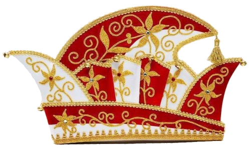 Prinzenmütze Margarete in Rot-Weiß mit goldenen Verzierungen und Quaste Prinzenmütze Margarete als Karnevalskappe in Rot und Weiß mit goldenen Zierborten, floralen Ornamenten, geschwungener Form und seitlicher goldener Quaste