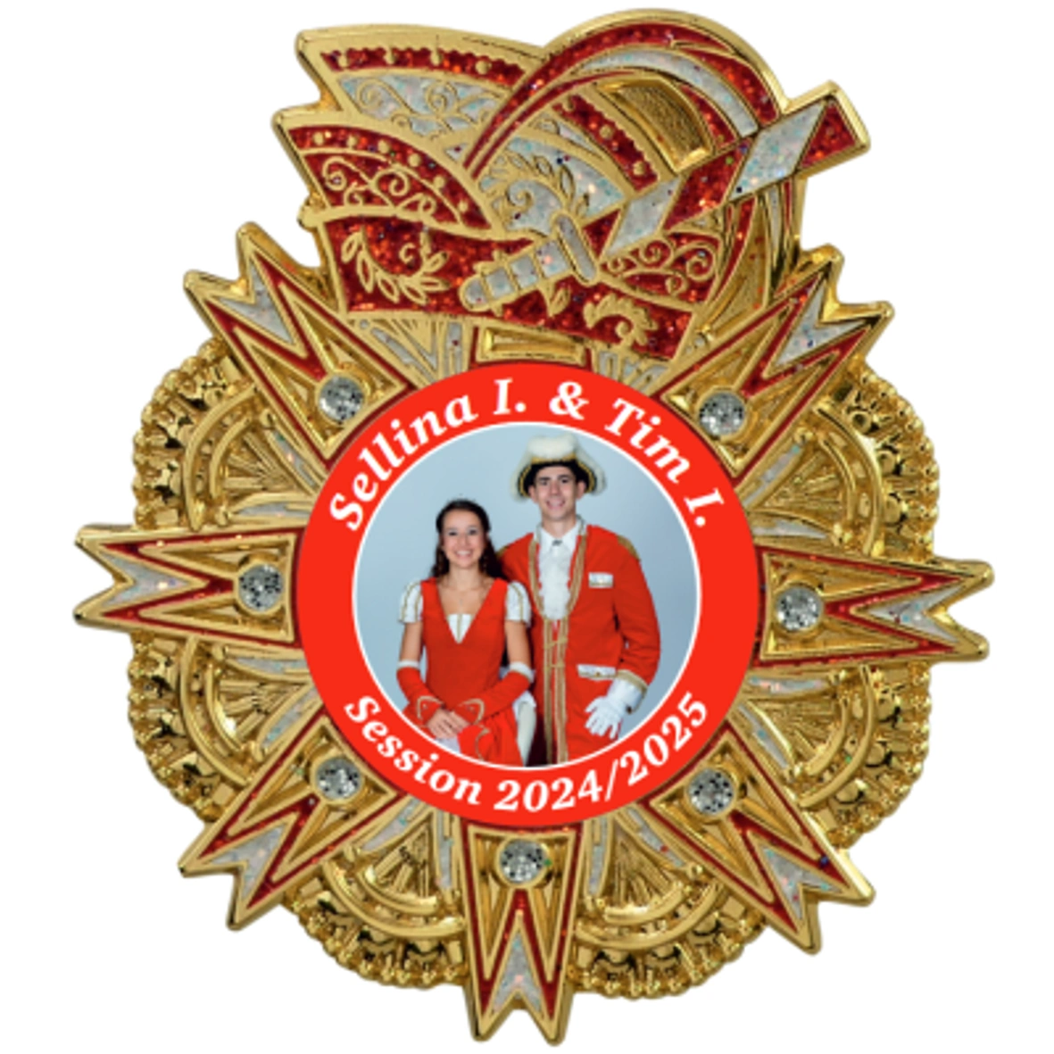 Karnevalsorden, Goldfarben, Rot-goldenes Muster, Strasssteine, Personalisiertes Foto