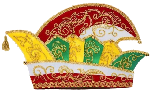 Prinzenmütze mit Glöckchen in Rot, Gelb und Grün mit goldfarbener Verzierung Bunte Prinzenmütze mit Glöckchen, geschwungener Form und goldfarbener Stickverzierung in Rot, Gelb, Grün und Weiß, individuell gefertigt